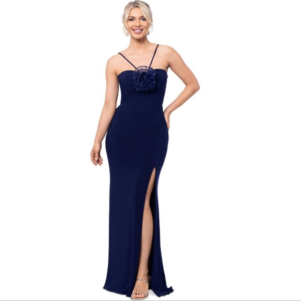 NEW XSCAPE rosette halter Evening gown in navy Wedding prom size 12